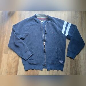 Tommy Hilfiger Navy Zip-Up Sweater with White Stripes